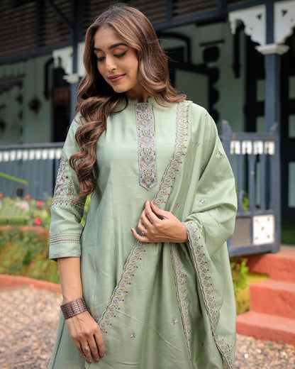 TRADITIONAL MUSLIN 3 PIECE SUIT SET WITH SEQUENCE EMBROIDERY WORK