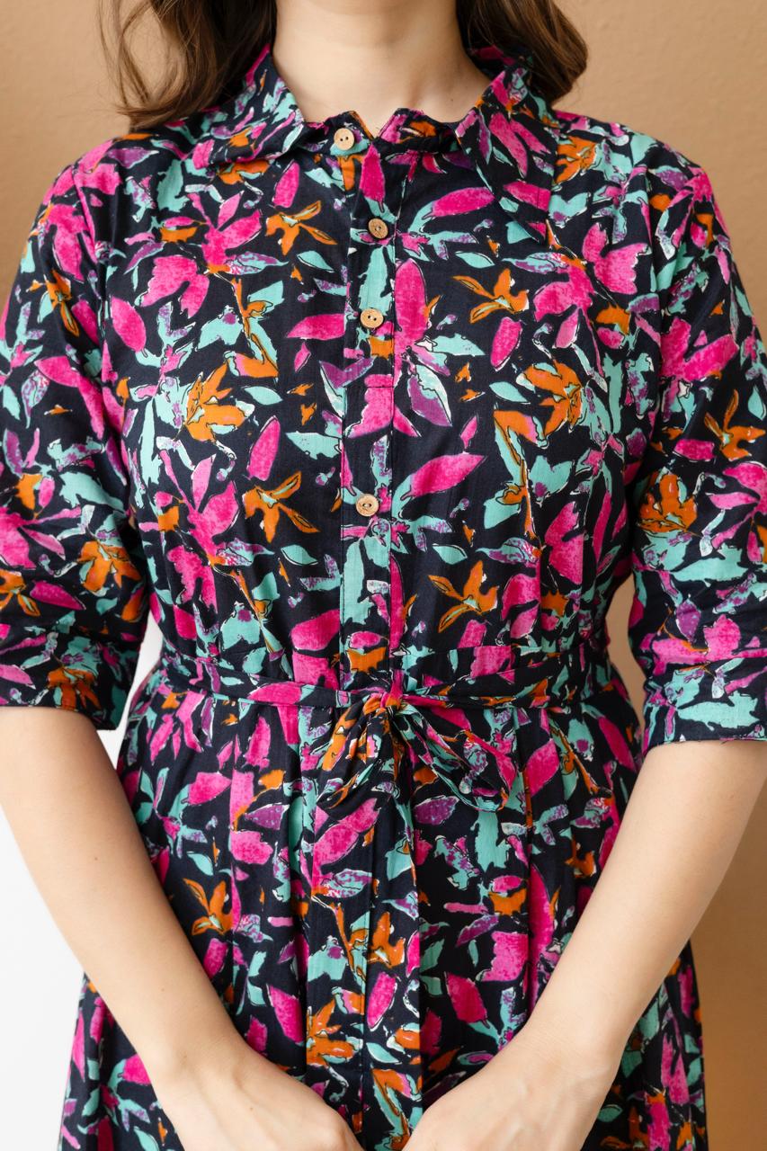 WOMEN COTTON FLORAL PRINTED FIT AND FLARE MIDI DRESS