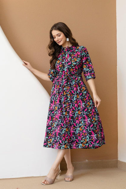 WOMEN COTTON FLORAL PRINTED FIT AND FLARE MIDI DRESS
