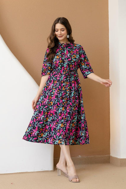 WOMEN COTTON FLORAL PRINTED FIT AND FLARE MIDI DRESS