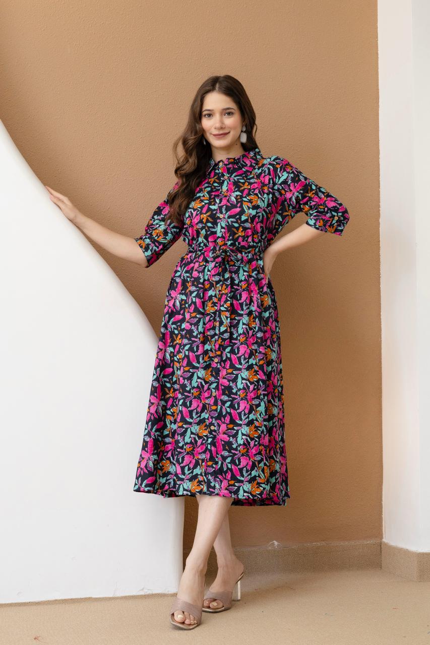 WOMEN COTTON FLORAL PRINTED FIT AND FLARE MIDI DRESS