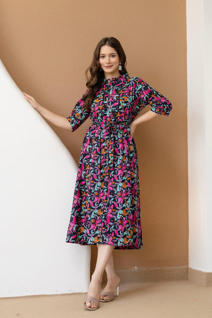 WOMEN COTTON FLORAL PRINTED FIT AND FLARE MIDI DRESS