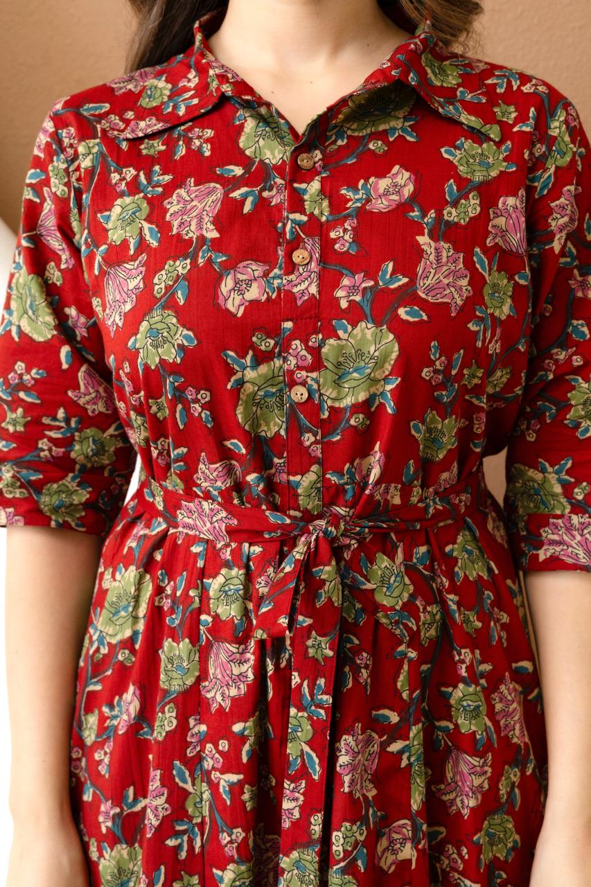 WOMEN COTTON FLORAL PRINTED FIT AND FLARE MIDI DRESS