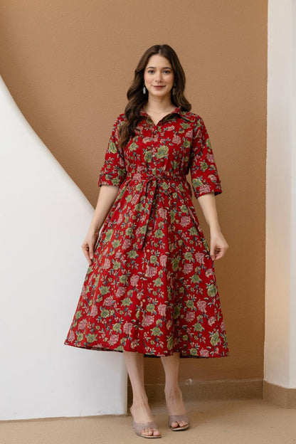 WOMEN COTTON FLORAL PRINTED FIT AND FLARE MIDI DRESS