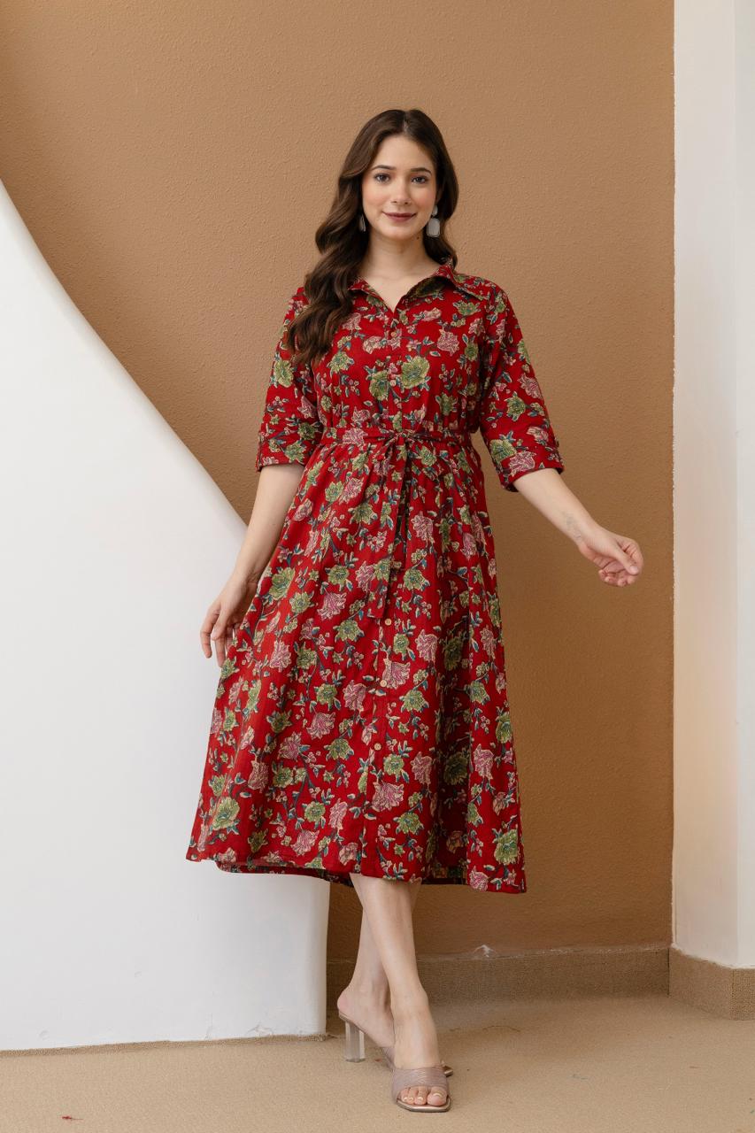 WOMEN COTTON FLORAL PRINTED FIT AND FLARE MIDI DRESS