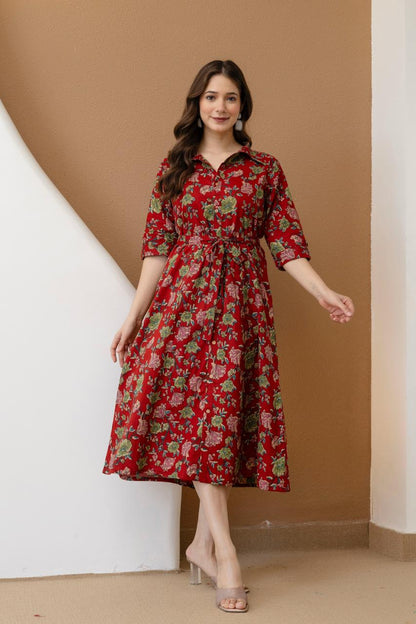 WOMEN COTTON FLORAL PRINTED FIT AND FLARE MIDI DRESS