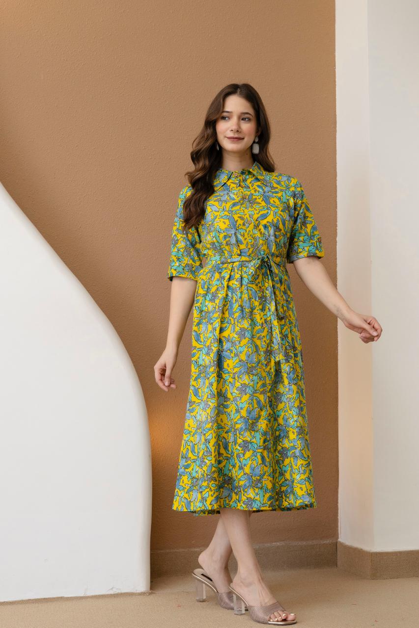 WOMEN COTTON FLORAL PRINTED FIT AND FLARE MIDI DRESS