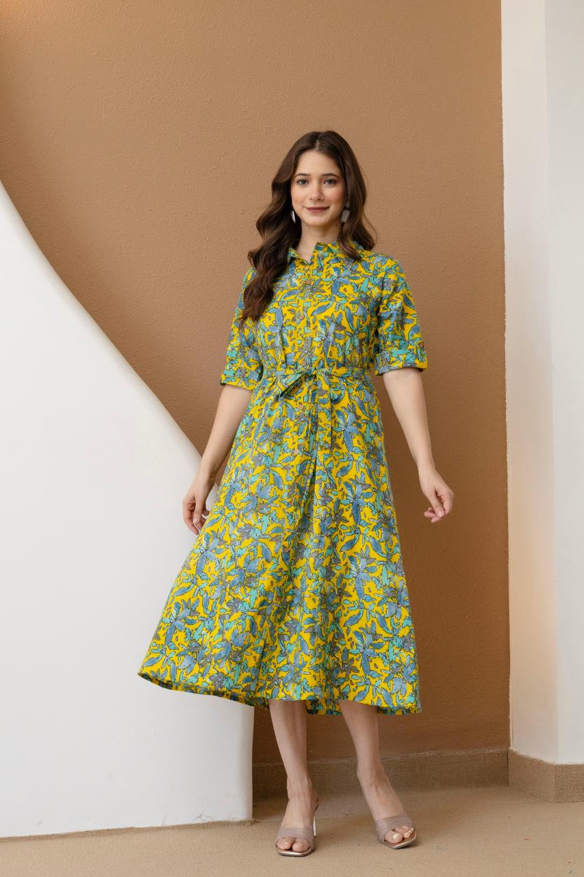 WOMEN COTTON FLORAL PRINTED FIT AND FLARE MIDI DRESS