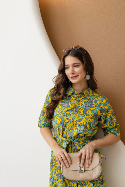 WOMEN COTTON FLORAL PRINTED FIT AND FLARE MIDI DRESS