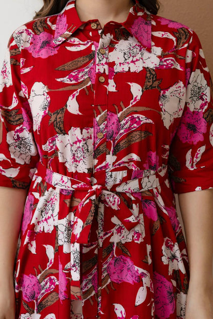 WOMEN COTTON FLORAL PRINTED FIT AND FLARE MIDI DRESS