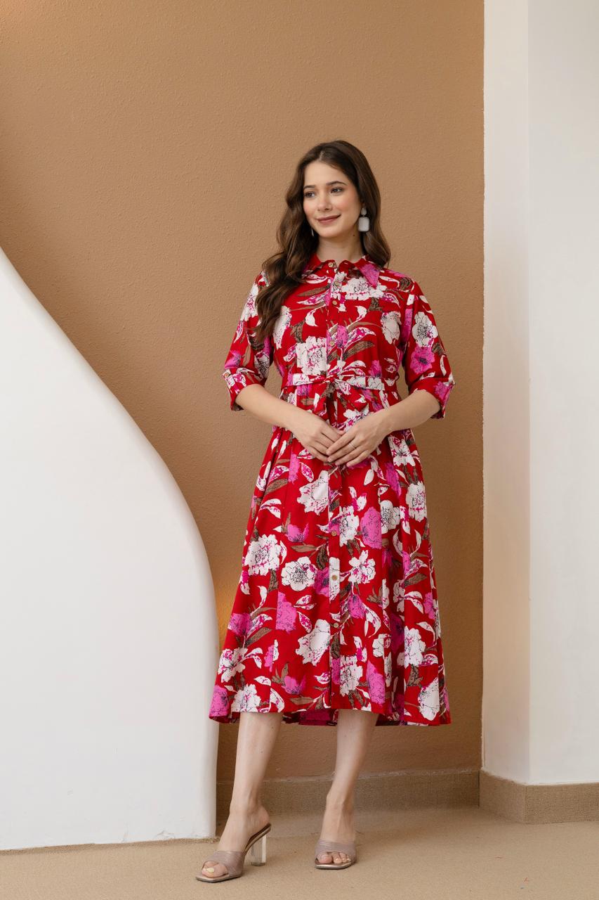 WOMEN COTTON FLORAL PRINTED FIT AND FLARE MIDI DRESS