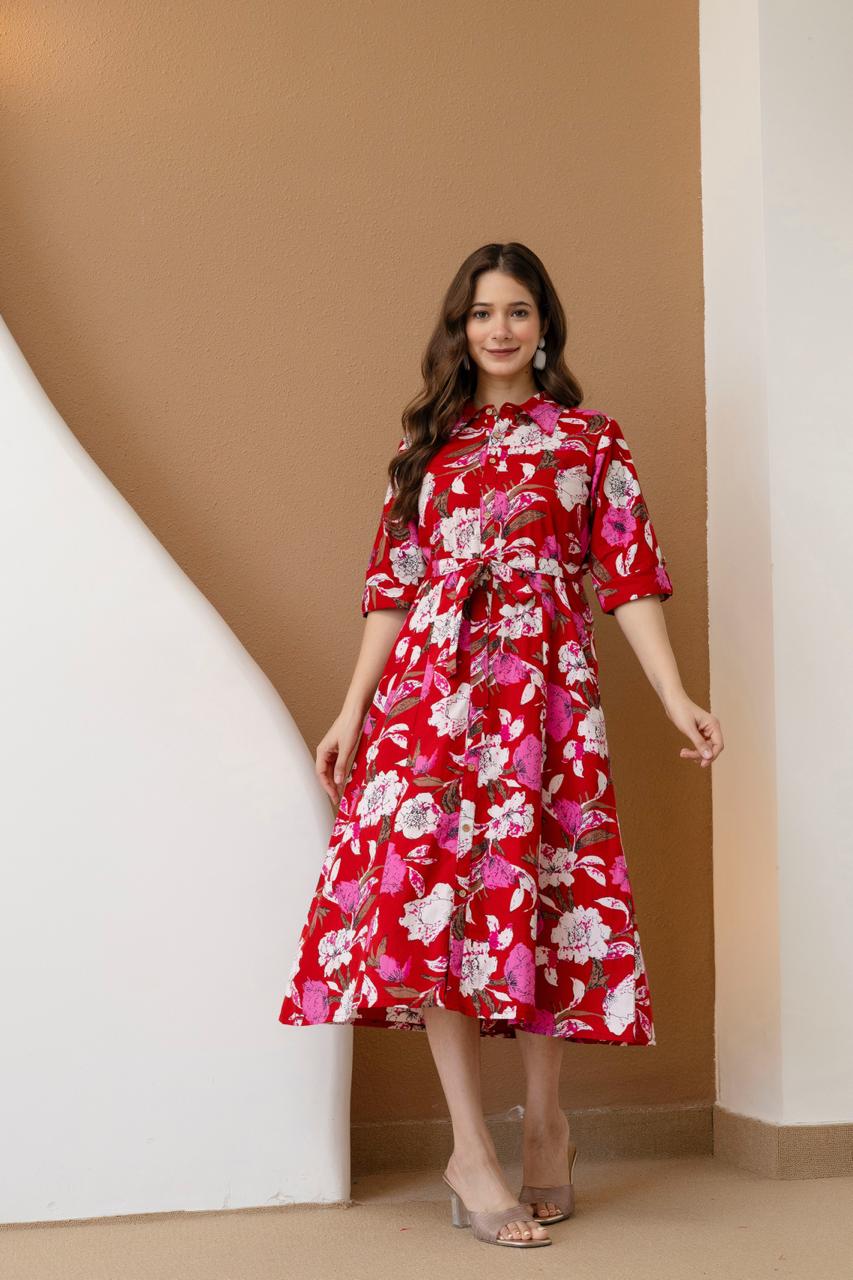 WOMEN COTTON FLORAL PRINTED FIT AND FLARE MIDI DRESS