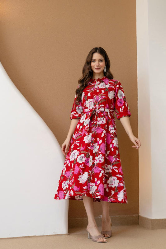 WOMEN COTTON FLORAL PRINTED FIT AND FLARE MIDI DRESS