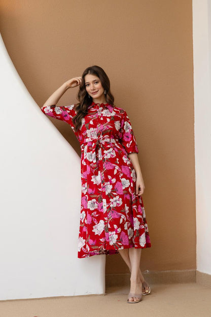 WOMEN COTTON FLORAL PRINTED FIT AND FLARE MIDI DRESS