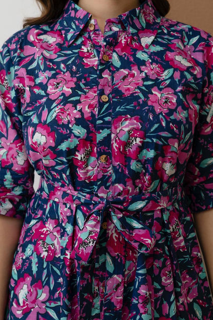 WOMEN COTTON FLORAL PRINTED FIT AND FLARE MIDI DRESS