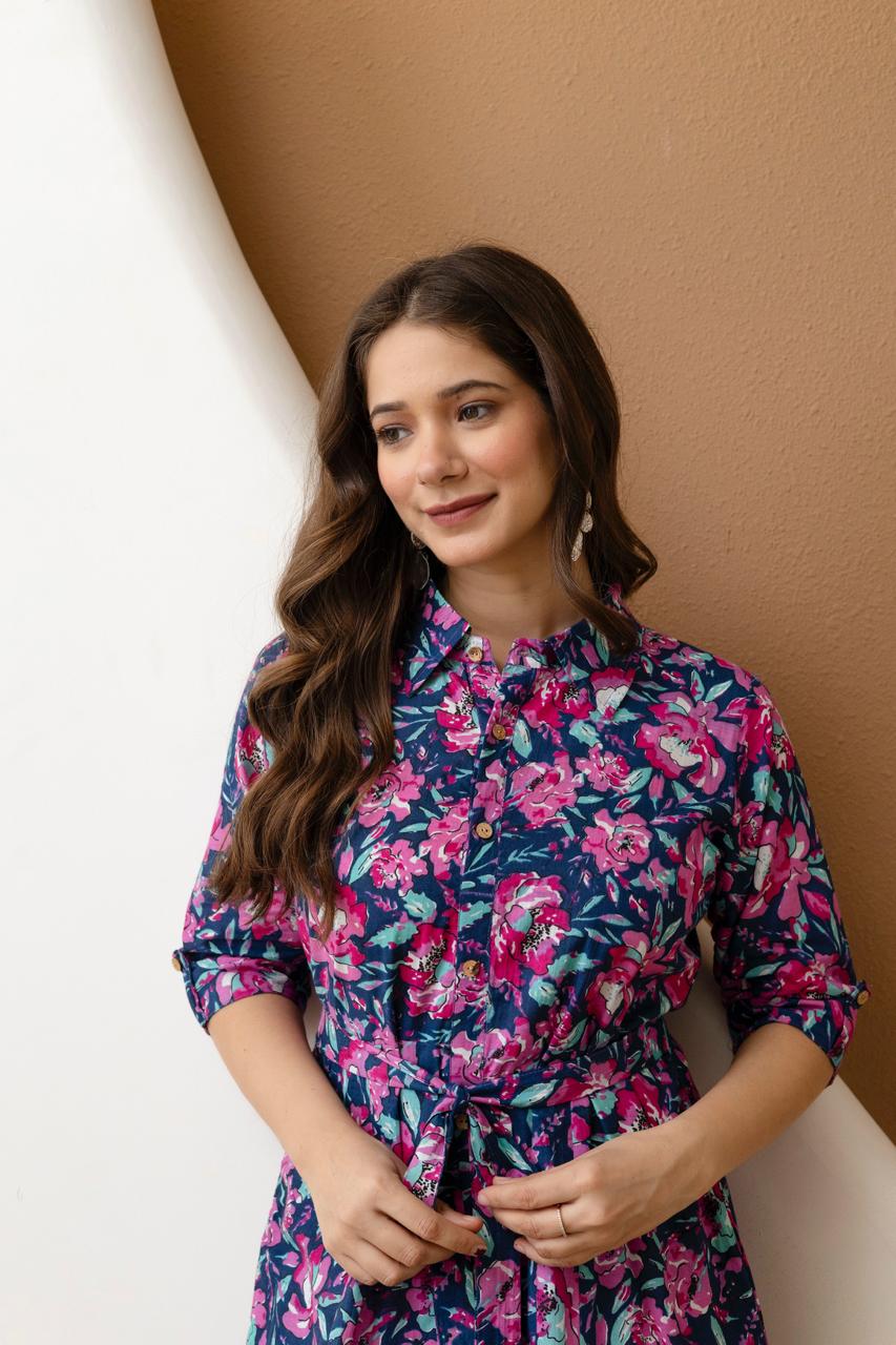 WOMEN COTTON FLORAL PRINTED FIT AND FLARE MIDI DRESS