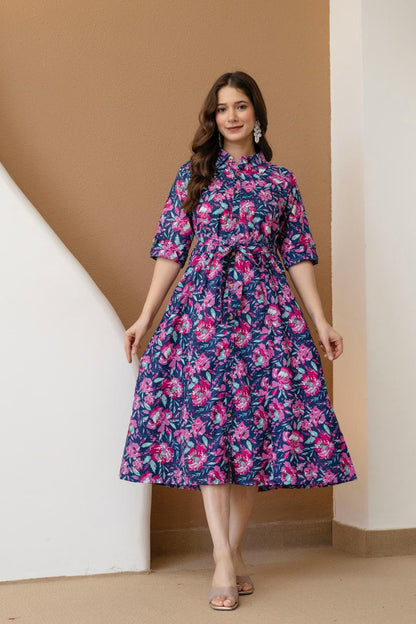 WOMEN COTTON FLORAL PRINTED FIT AND FLARE MIDI DRESS