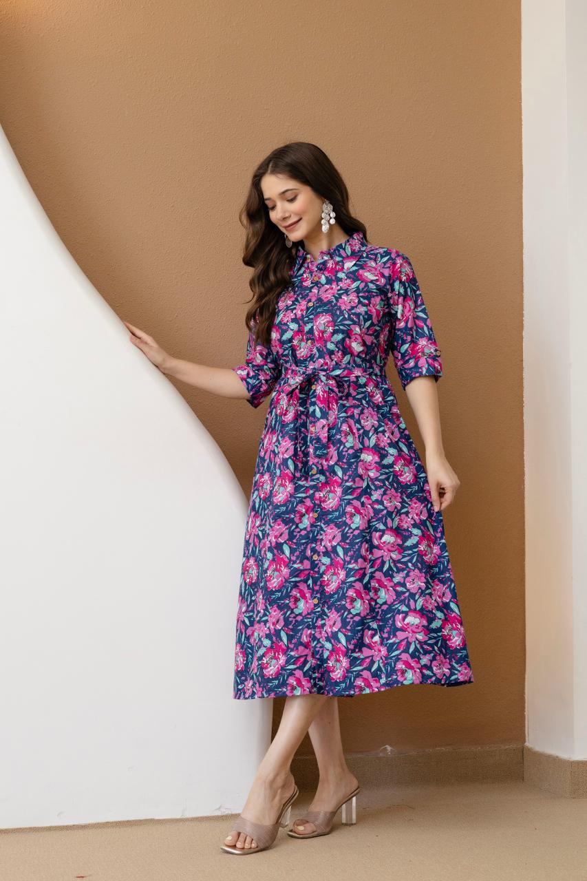 WOMEN COTTON FLORAL PRINTED FIT AND FLARE MIDI DRESS