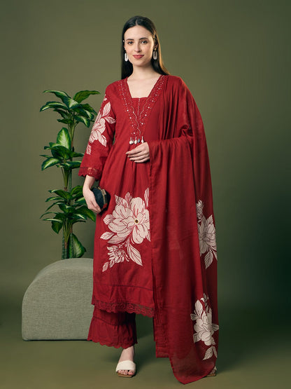 COTTON FLOWER PRINT KURTA SET WITH DUPATTA