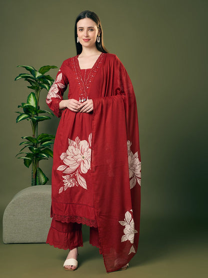 COTTON FLOWER PRINT KURTA SET WITH DUPATTA