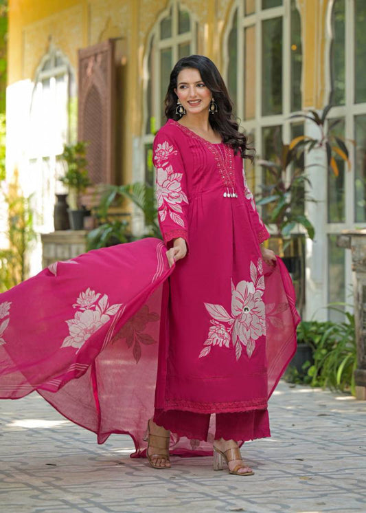 COTTON FLOWER PRINT KURTA SET WITH DUPATTA