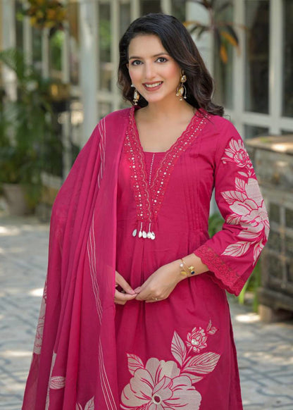 COTTON FLOWER PRINT KURTA SET WITH DUPATTA