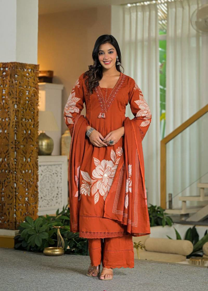 COTTON FLOWER PRINT KURTA SET WITH DUPATTA