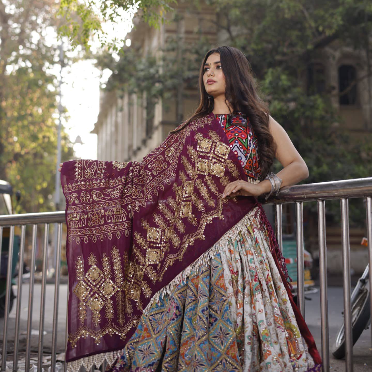 NAVRATRI SPECIAL CHANIYA CHOLI WITH DIGITAL PRINT & REAL MIRROR WORK