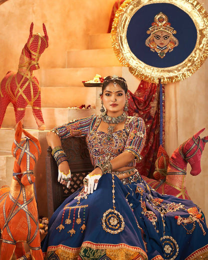 BLUE HIT NAVRATRI DESIGNER MIRROR WORK PRINTED CHANIYA CHOLI