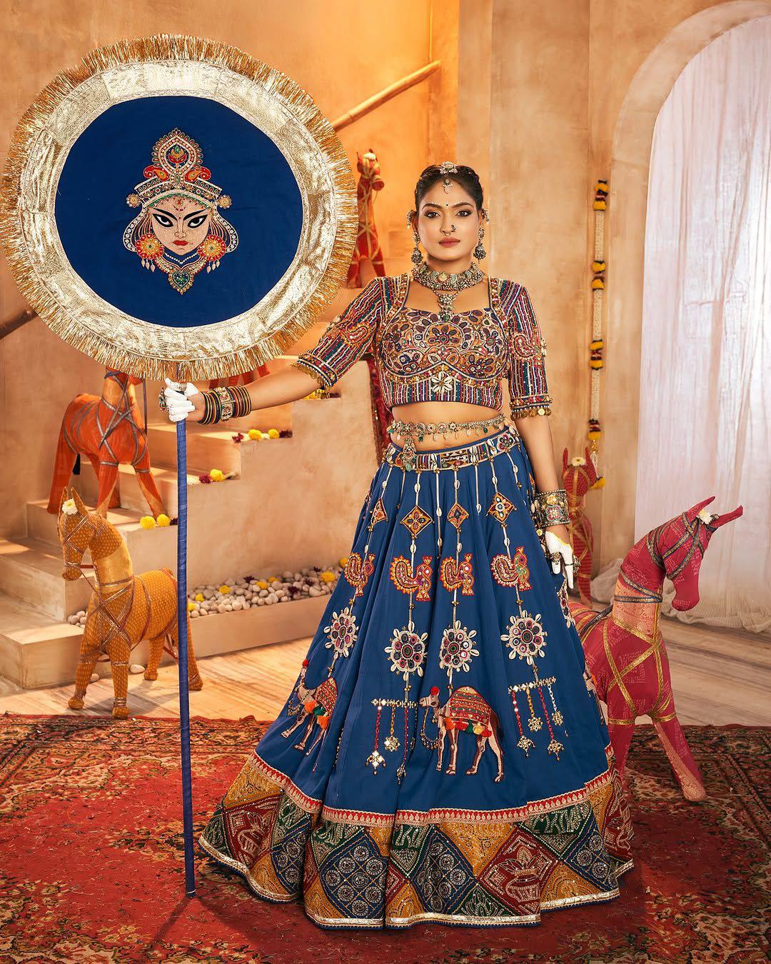 BLUE HIT NAVRATRI DESIGNER MIRROR WORK PRINTED CHANIYA CHOLI