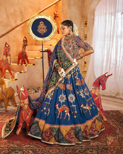 BLUE HIT NAVRATRI DESIGNER MIRROR WORK PRINTED CHANIYA CHOLI