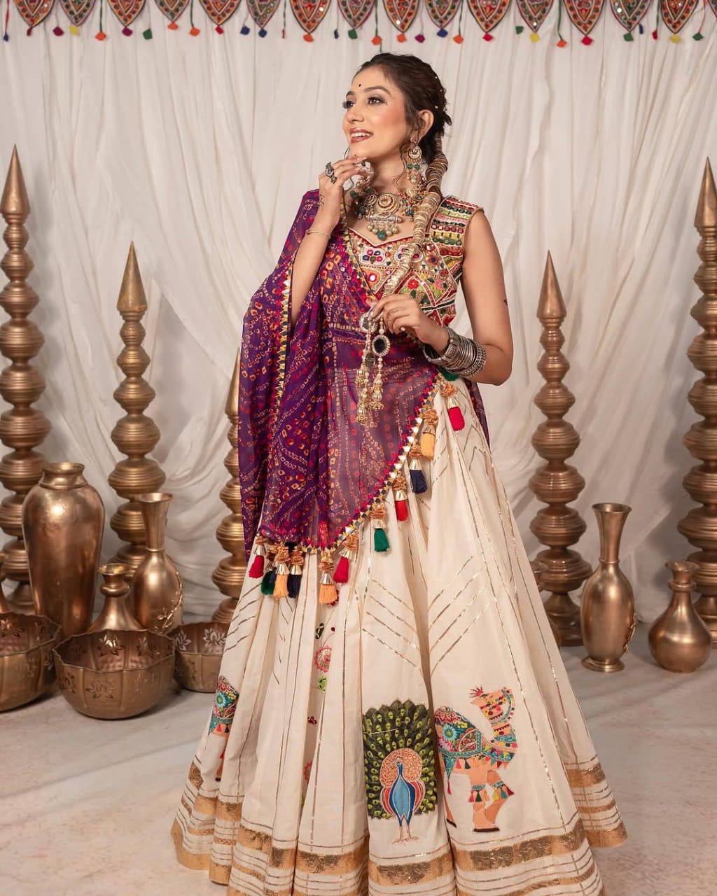 PEACH COLOR NAVRATRI TRENDY HIT PRINTED MIRROR WORK CHANIYA CHOLI
