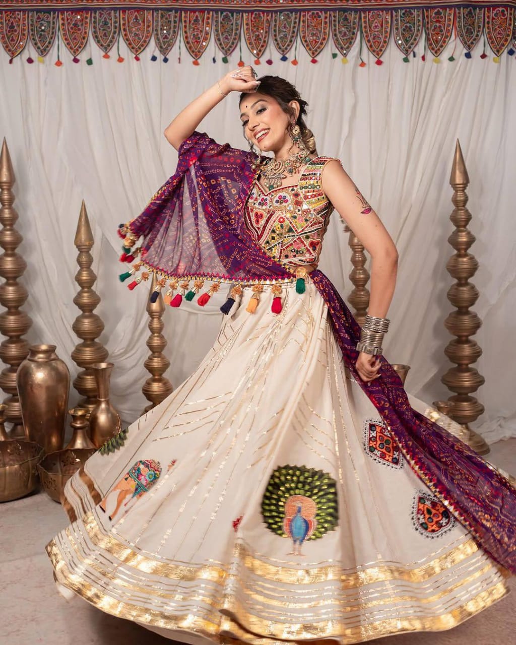 PEACH COLOR NAVRATRI TRENDY HIT PRINTED MIRROR WORK CHANIYA CHOLI