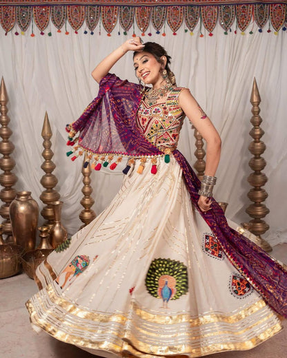 PEACH COLOR NAVRATRI TRENDY HIT PRINTED MIRROR WORK CHANIYA CHOLI