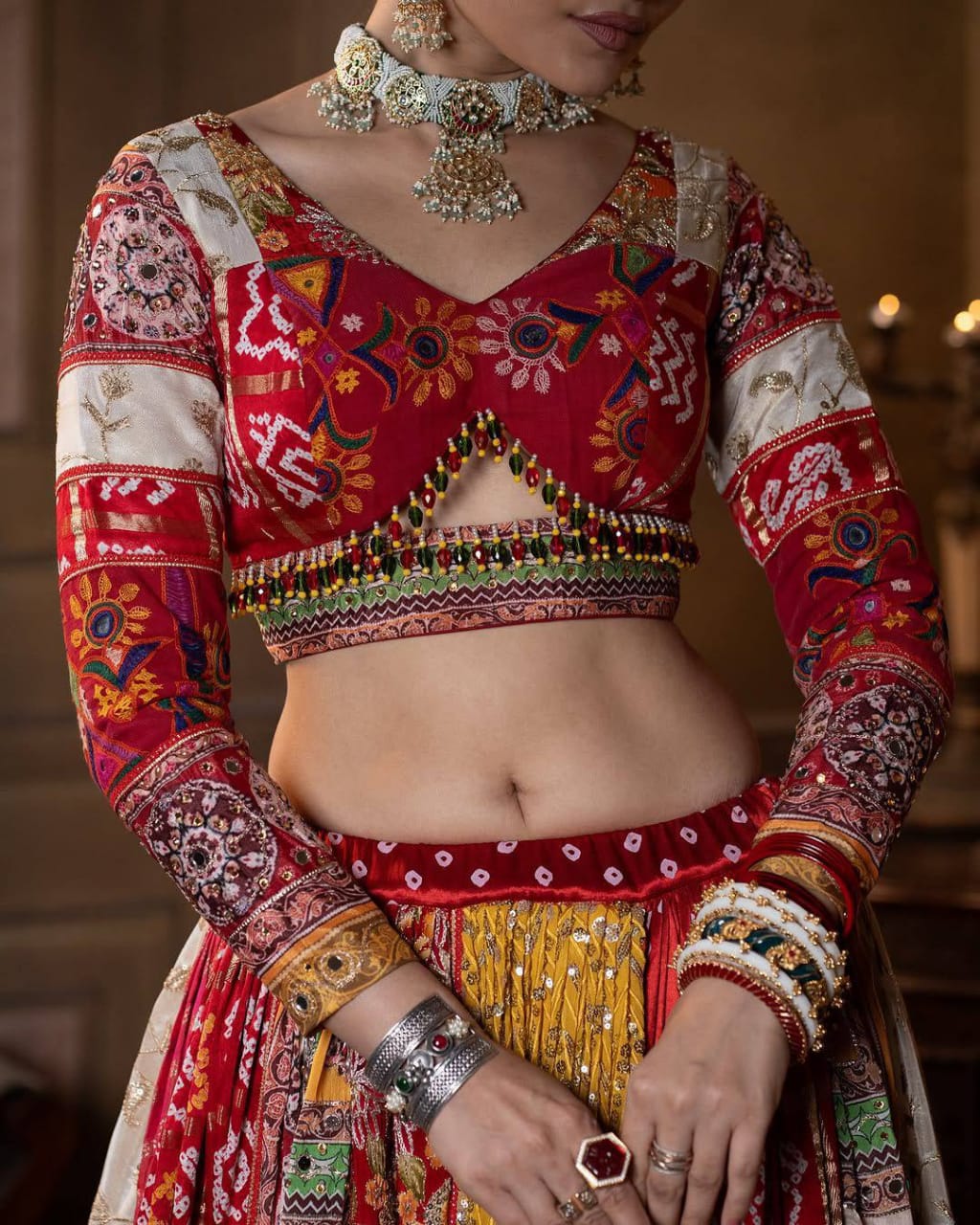 RED - CHANIYA CHOLI WITH BEAUTIFUL DIGITAL PRINT REAL MIRROR WORK