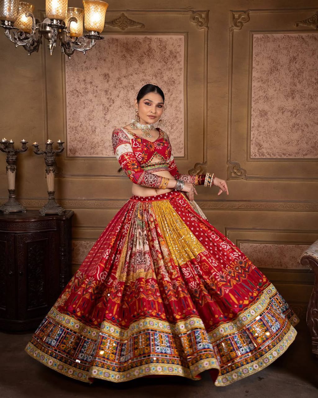 RED - CHANIYA CHOLI WITH BEAUTIFUL DIGITAL PRINT REAL MIRROR WORK