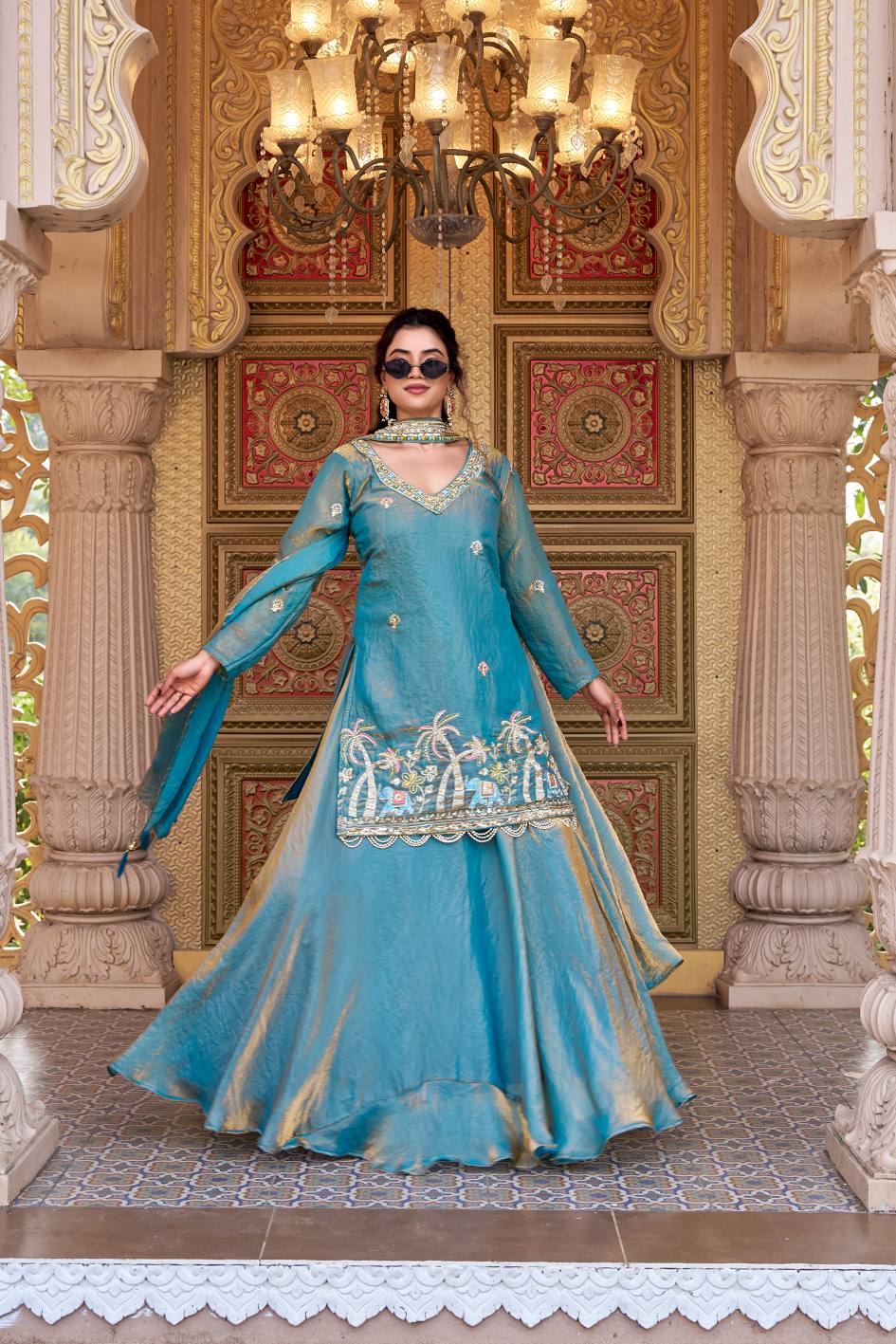 READY TO WEAR INDO WESTERN OUTFIT IN FENDY SILK WITH  BEADS &  SEQUINS WORK
