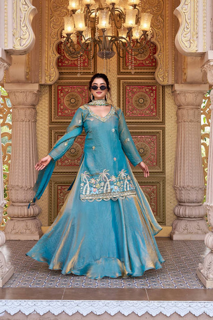 READY TO WEAR INDO WESTERN OUTFIT IN FENDY SILK WITH  BEADS &  SEQUINS WORK