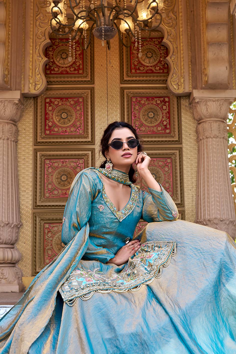 READY TO WEAR INDO WESTERN OUTFIT IN FENDY SILK WITH  BEADS &  SEQUINS WORK