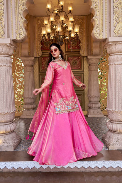 READY TO WEAR INDO WESTERN OUTFIT IN FENDY SILK WITH  BEADS &  SEQUINS WORK