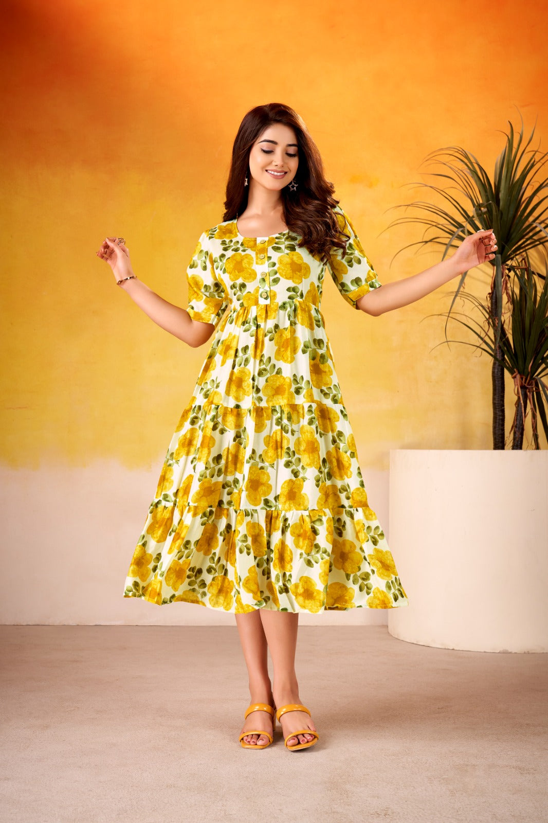 WOMEN  FLORAL PRINTED FIT AND FLARE MIDI DRESS