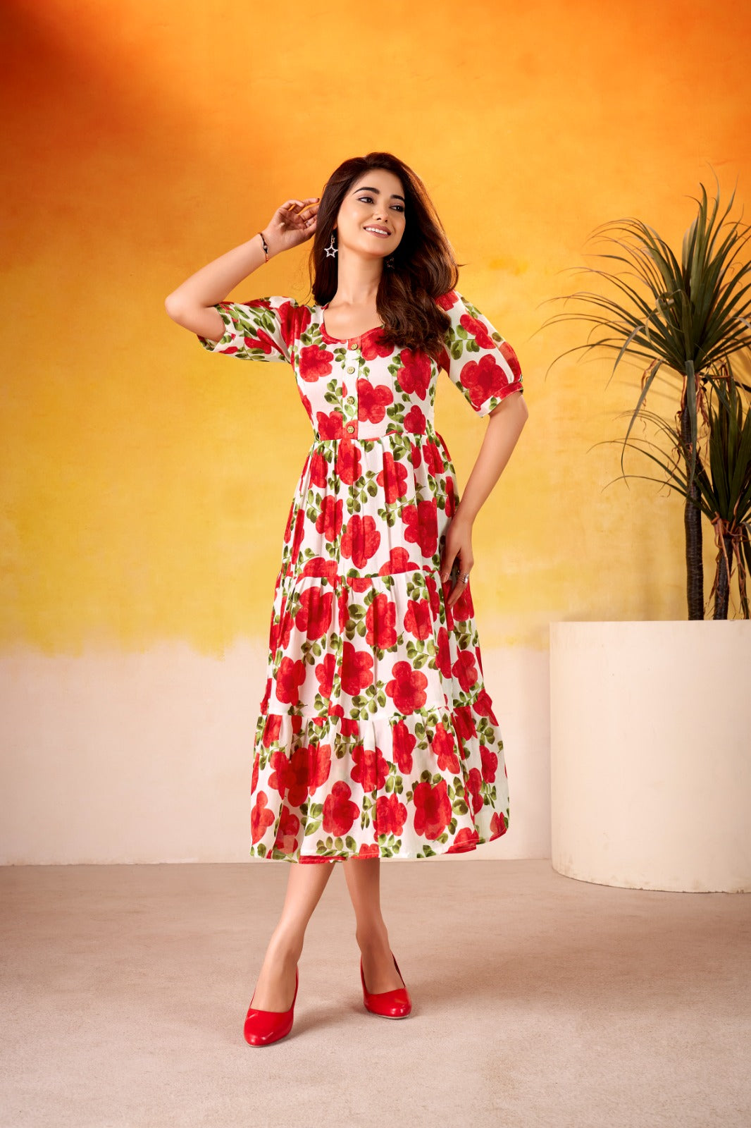 WOMEN  FLORAL PRINTED FIT AND FLARE MIDI DRESS