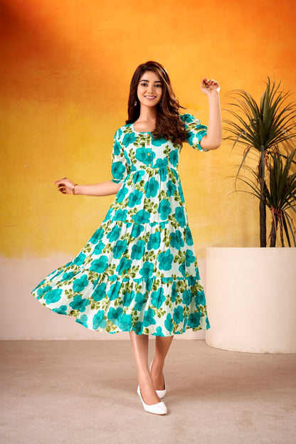 WOMEN  FLORAL PRINTED FIT AND FLARE MIDI DRESS