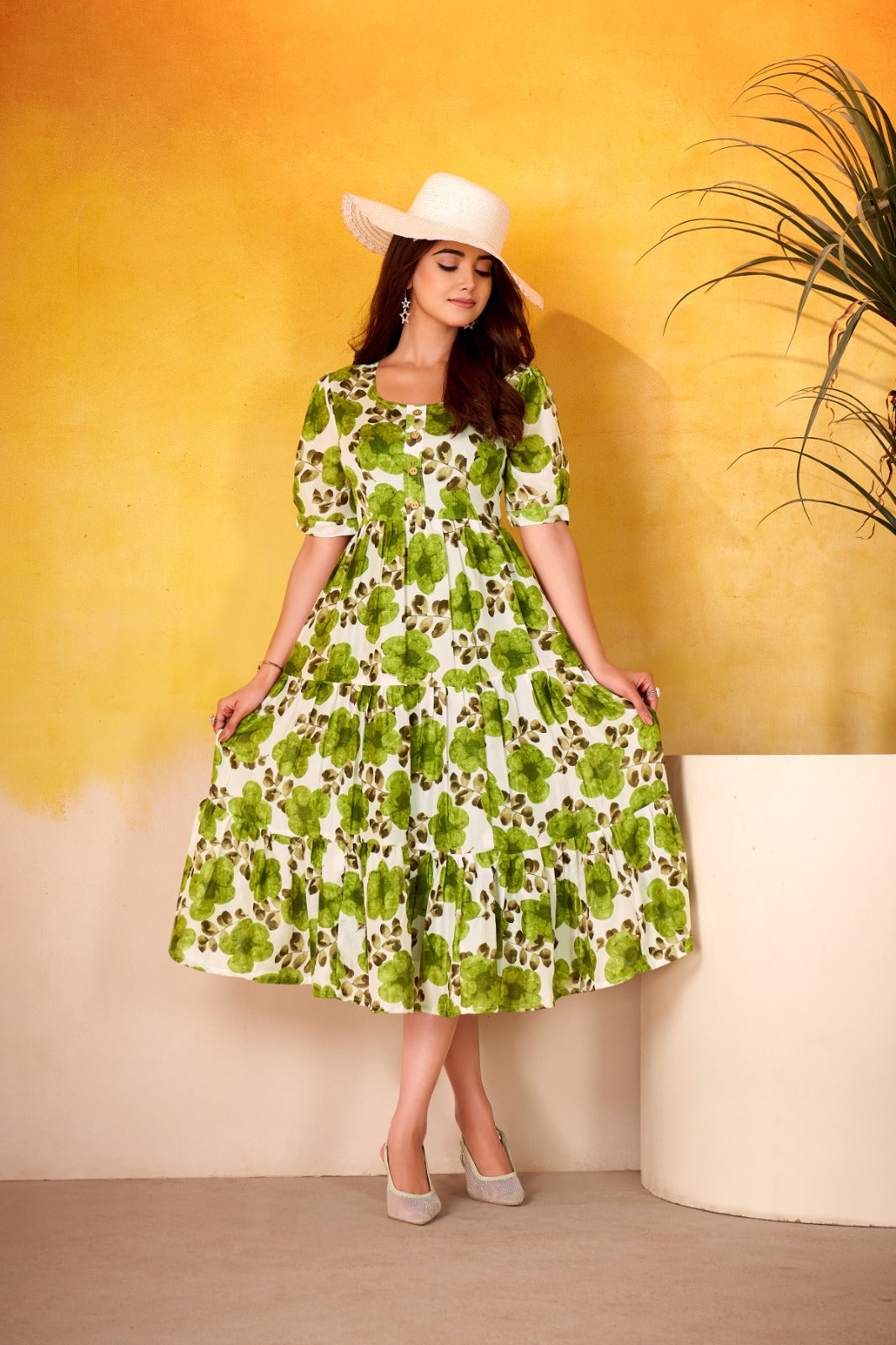 WOMEN  FLORAL PRINTED FIT AND FLARE MIDI DRESS