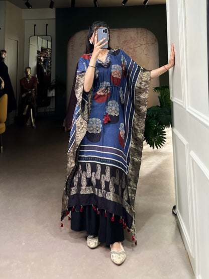 BLUE ELEGANT PURE VISCOSE HANDWORK KAFTAN WITH ZARI BORDER