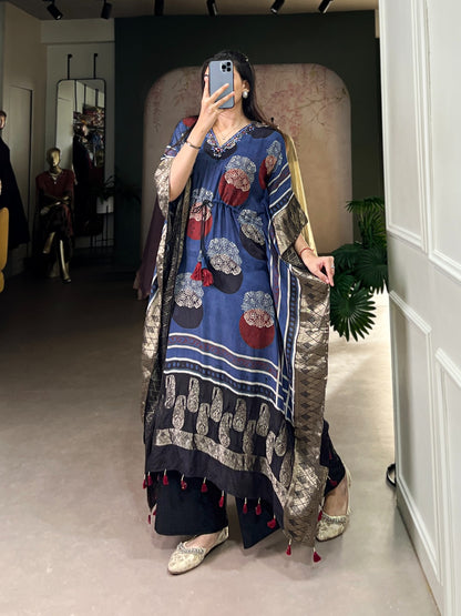 BLUE ELEGANT PURE VISCOSE HANDWORK KAFTAN WITH ZARI BORDER