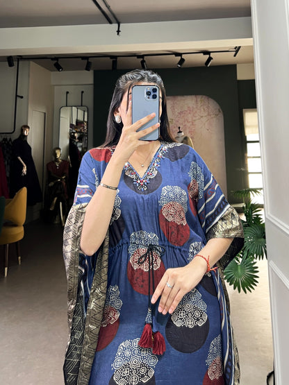 BLUE ELEGANT PURE VISCOSE HANDWORK KAFTAN WITH ZARI BORDER