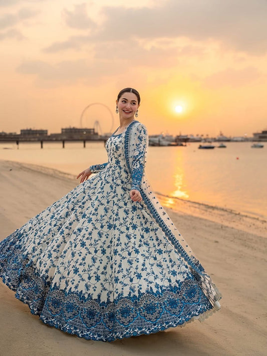 HANIA - LUXURY LAWN WHITE ORGANZA SILK ANARKALI GOWN