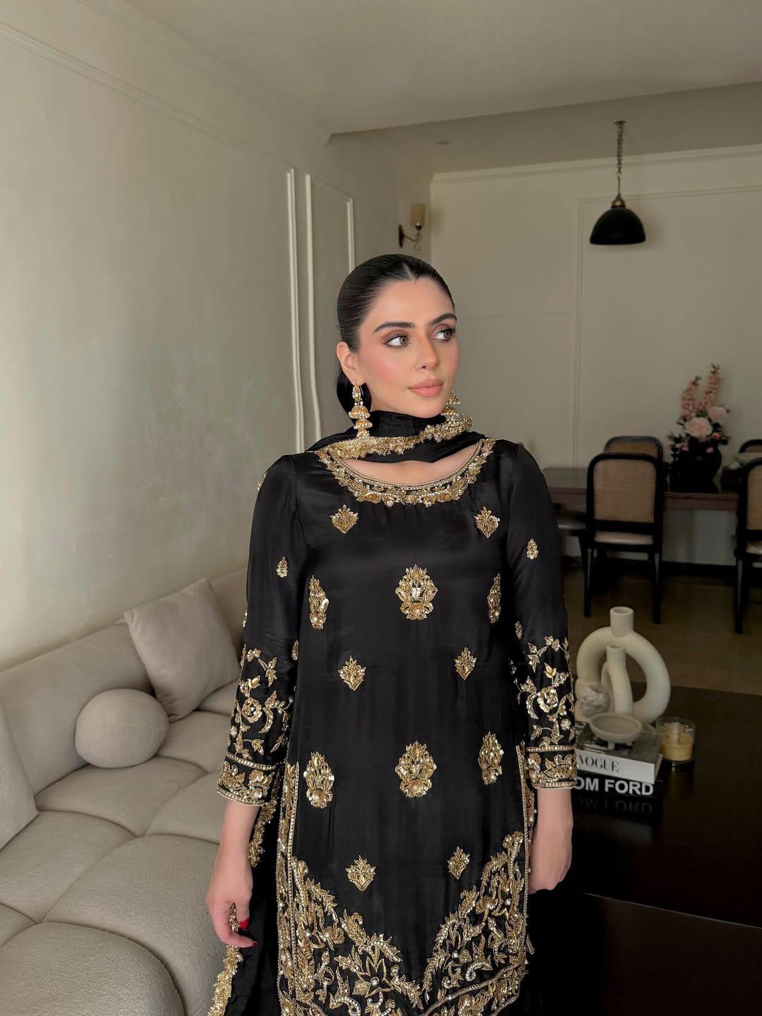 BLACK CHINON SILK SHARARA KURTA SET