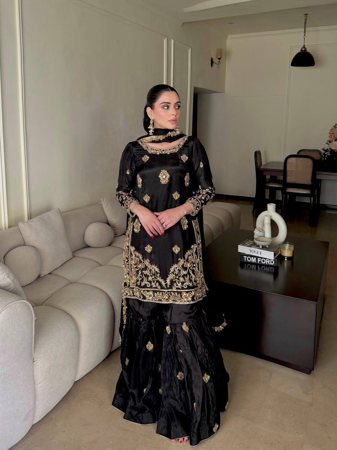 BLACK CHINON SILK SHARARA KURTA SET
